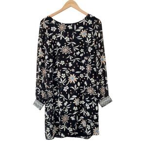 Equal Black Floral Long Sleeve Flowy Sequin‎ Cuffs Shift Dress